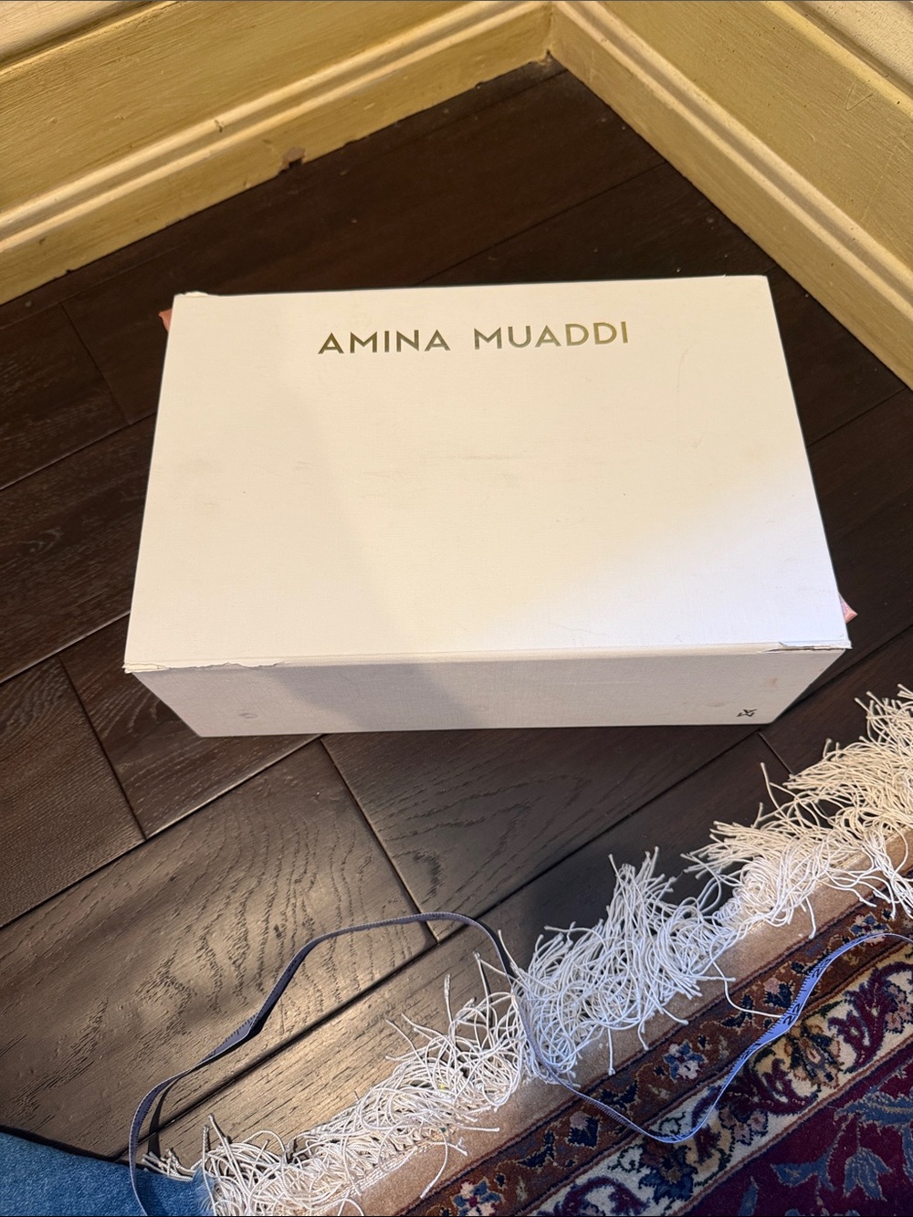 Amina Muaddi White Shoe Box with Gold Logo